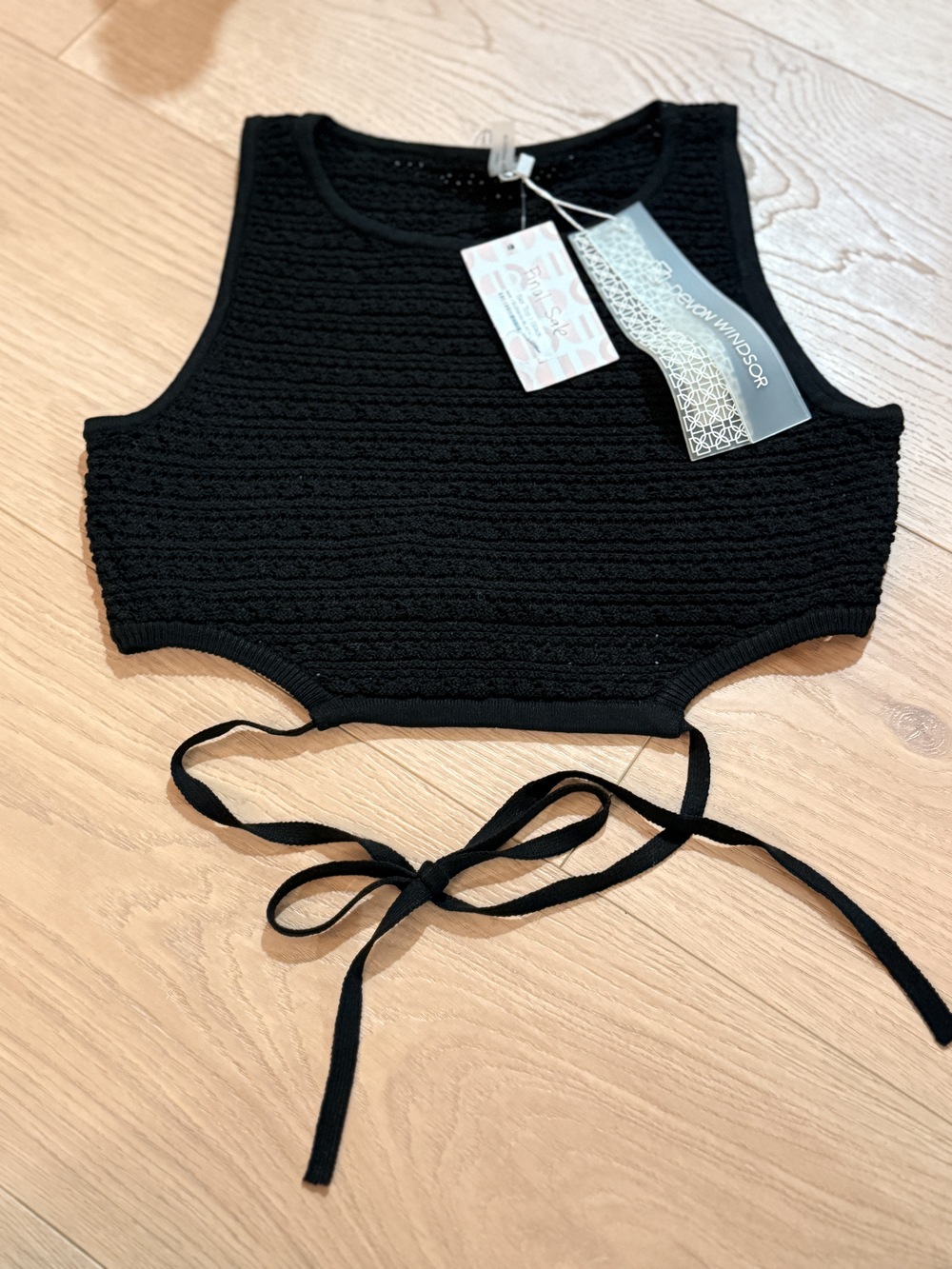 Devon Windsor Sol Black Open Knit Tie Side Crop Top L NWT